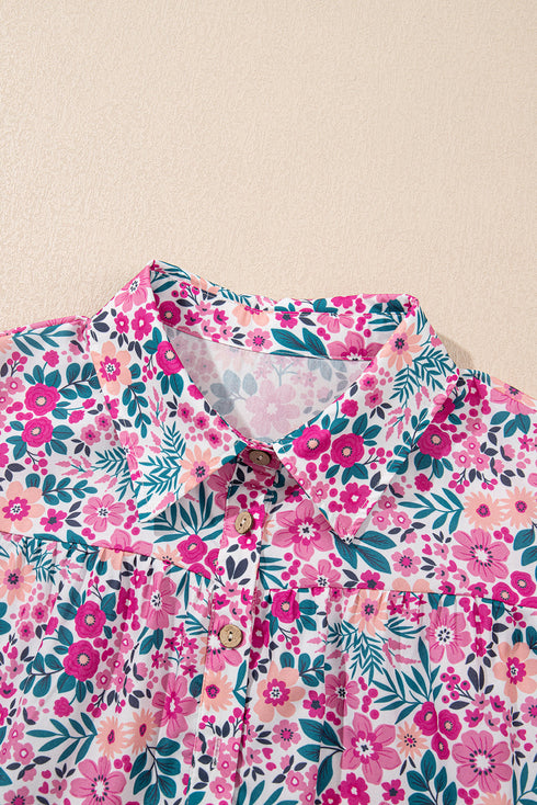 Pink Floral Collared Half Placket Short Sleeve Loose Dress